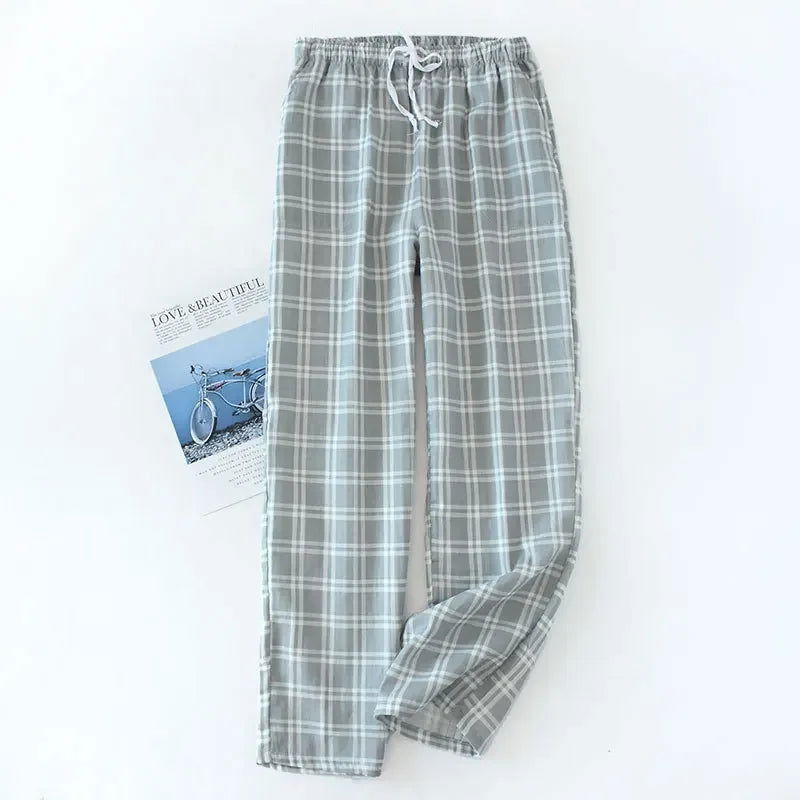 Men's Cotton Gauze Trousers Plaid Knitted Sleep Pants Woman Pajamas Pants Bottoms Sleepwear Short for Couples Pijama Hombre - Slobuy