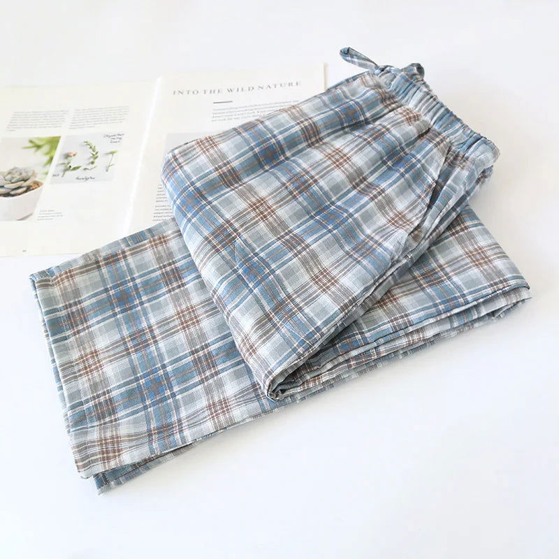 Men's Cotton Gauze Trousers Plaid Knitted Sleep Pants Woman Pajamas Pants Bottoms Sleepwear Short for Couples Pijama Hombre - Slobuy