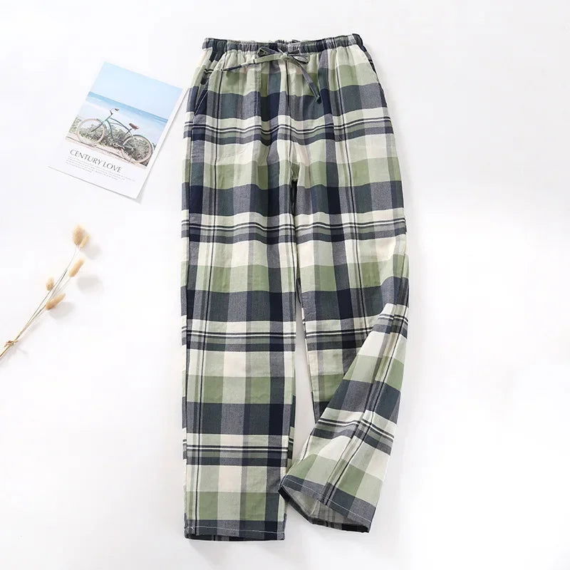 Men's Cotton Gauze Trousers Plaid Knitted Sleep Pants Woman Pajamas Pants Bottoms Sleepwear Short for Couples Pijama Hombre - Slobuy