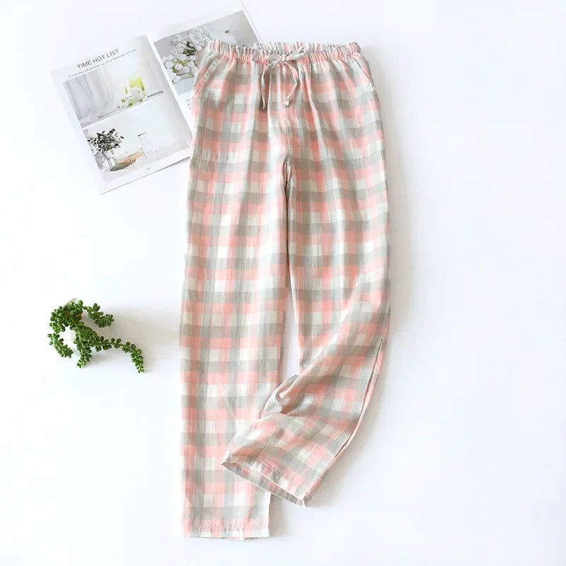 Men's Cotton Gauze Trousers Plaid Knitted Sleep Pants Woman Pajamas Pants Bottoms Sleepwear Short for Couples Pijama Hombre - Slobuy