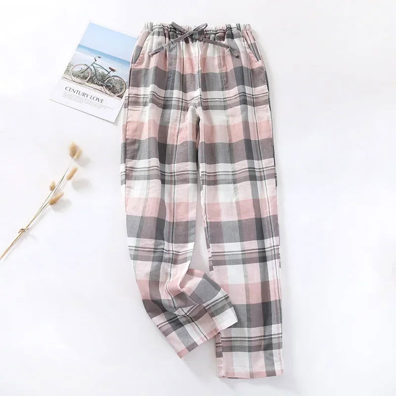 Men's Cotton Gauze Trousers Plaid Knitted Sleep Pants Woman Pajamas Pants Bottoms Sleepwear Short for Couples Pijama Hombre - c1c3f9-f2.myshopify.com