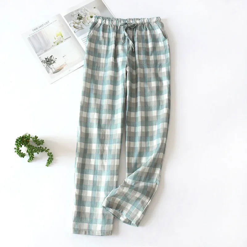 Men's Cotton Gauze Trousers Plaid Knitted Sleep Pants Woman Pajamas Pants Bottoms Sleepwear Short for Couples Pijama Hombre - c1c3f9-f2.myshopify.com
