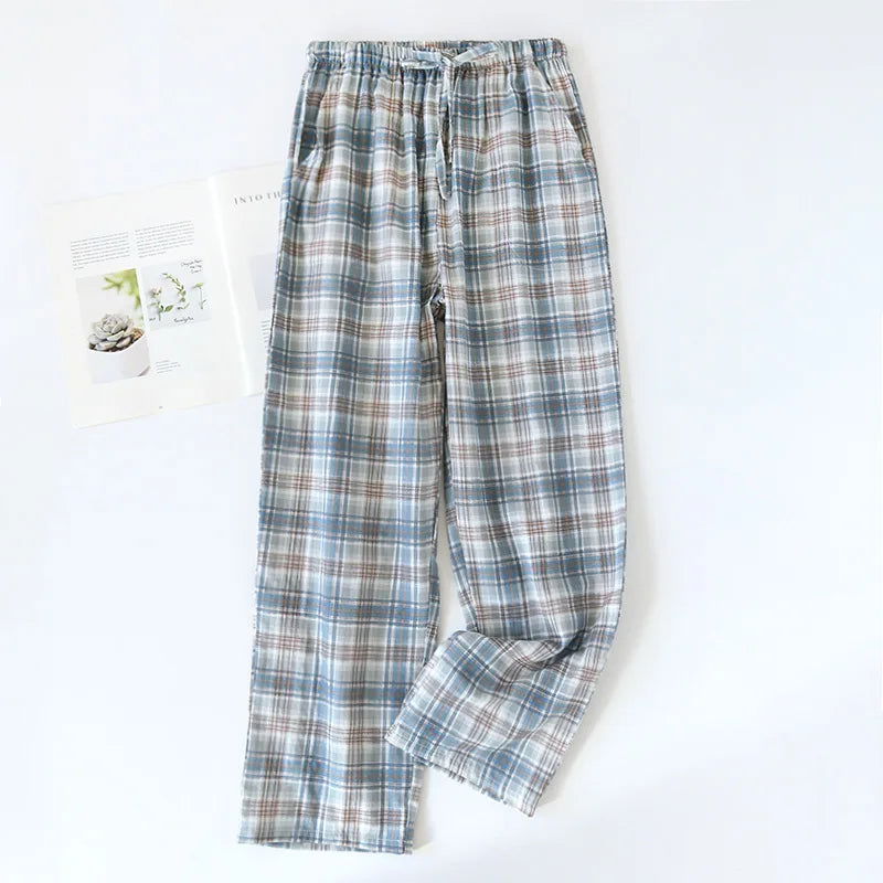 Men's Cotton Gauze Trousers Plaid Knitted Sleep Pants Woman Pajamas Pants Bottoms Sleepwear Short for Couples Pijama Hombre - c1c3f9-f2.myshopify.com