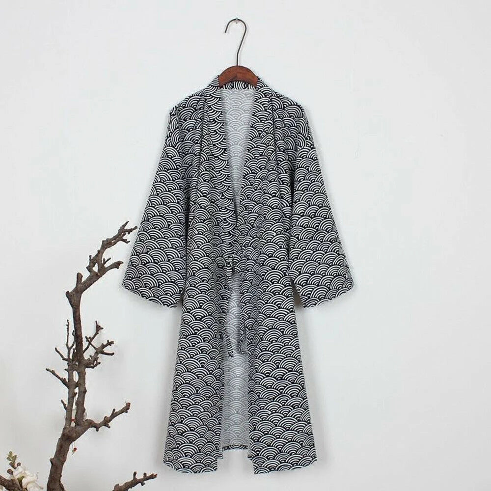 Men\'s Japanese Classic Bathrobe Nightwear Yukata Kimono Gown Sleepwear Cotton Skin-Friendly Robe Loose Casual Homewear Pajamas - Slobuy
