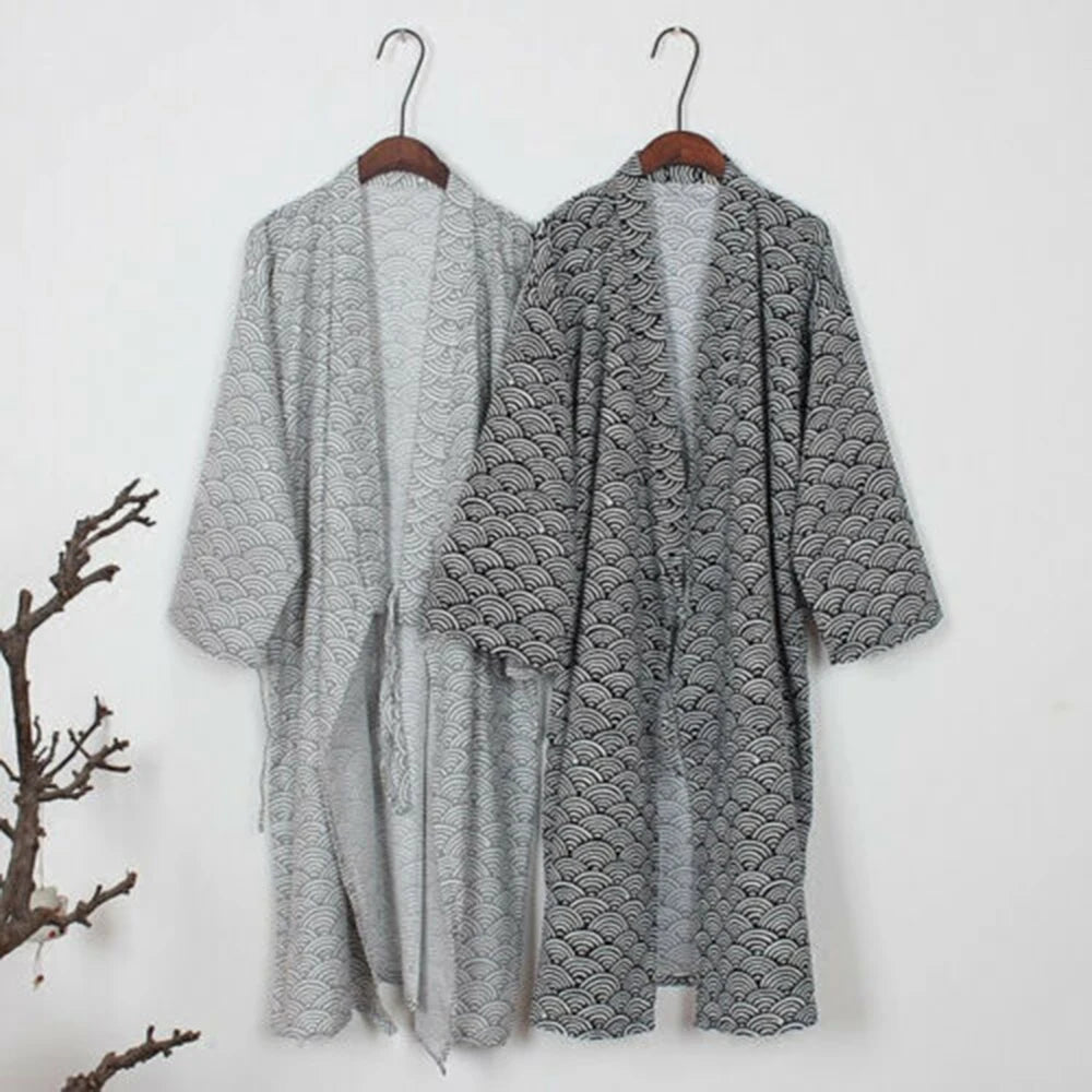Men\'s Japanese Classic Bathrobe Nightwear Yukata Kimono Gown Sleepwear Cotton Skin-Friendly Robe Loose Casual Homewear Pajamas - Slobuy