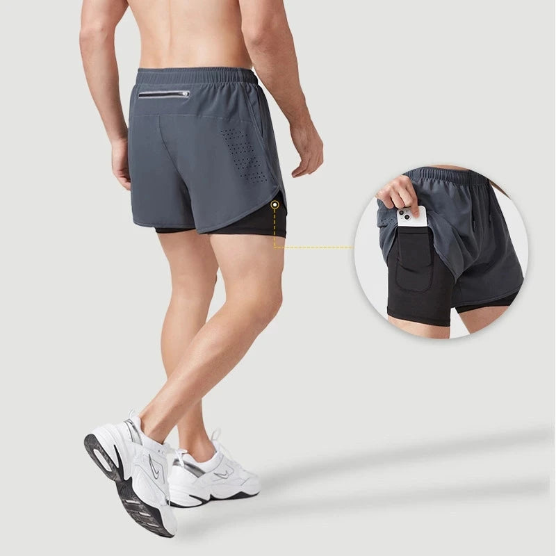 Men's Running Shorts Quick-drying Fitness Black Double Layer Shorts Men New Sport Workout Training Bodybuilding Short Pants - Slobuy