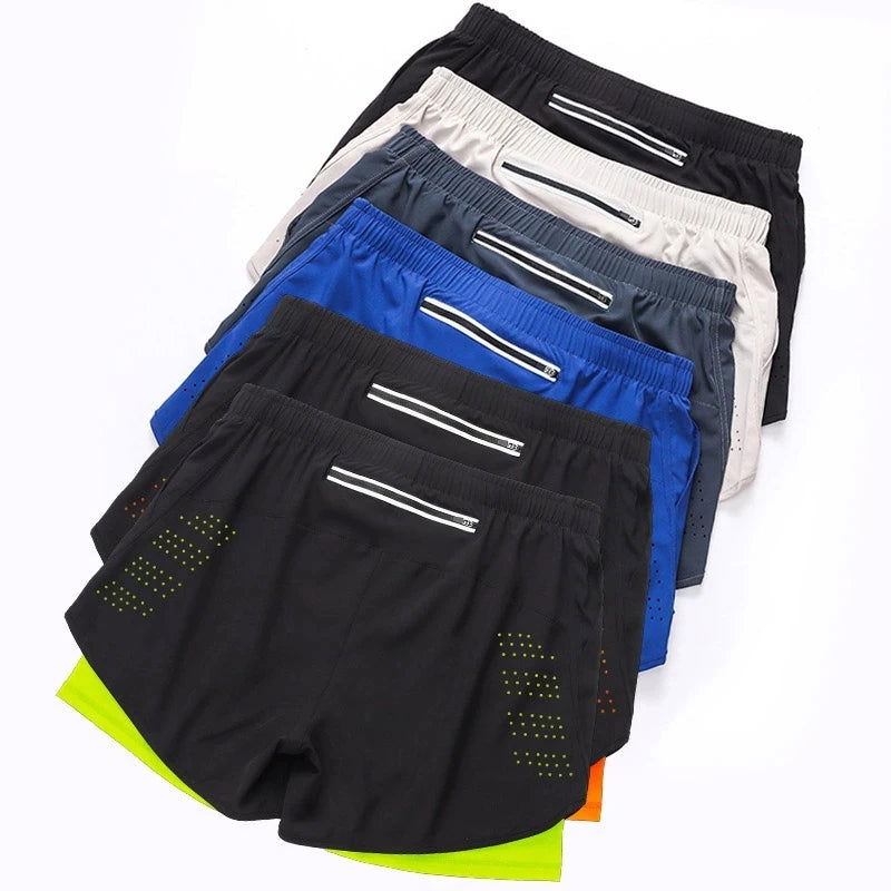 Men's Running Shorts Quick-drying Fitness Black Double Layer Shorts Men New Sport Workout Training Bodybuilding Short Pants - Slobuy