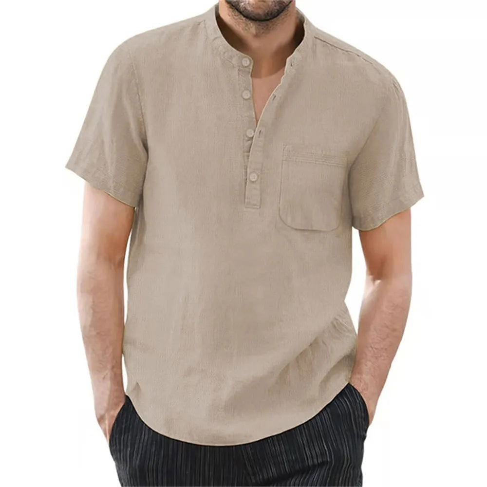 Men's Short Sleeve T-shirt Cotton and Linen Casual Men T-shirts Solid Color Summer Shirt Male Cozy Breathable - Slobuy