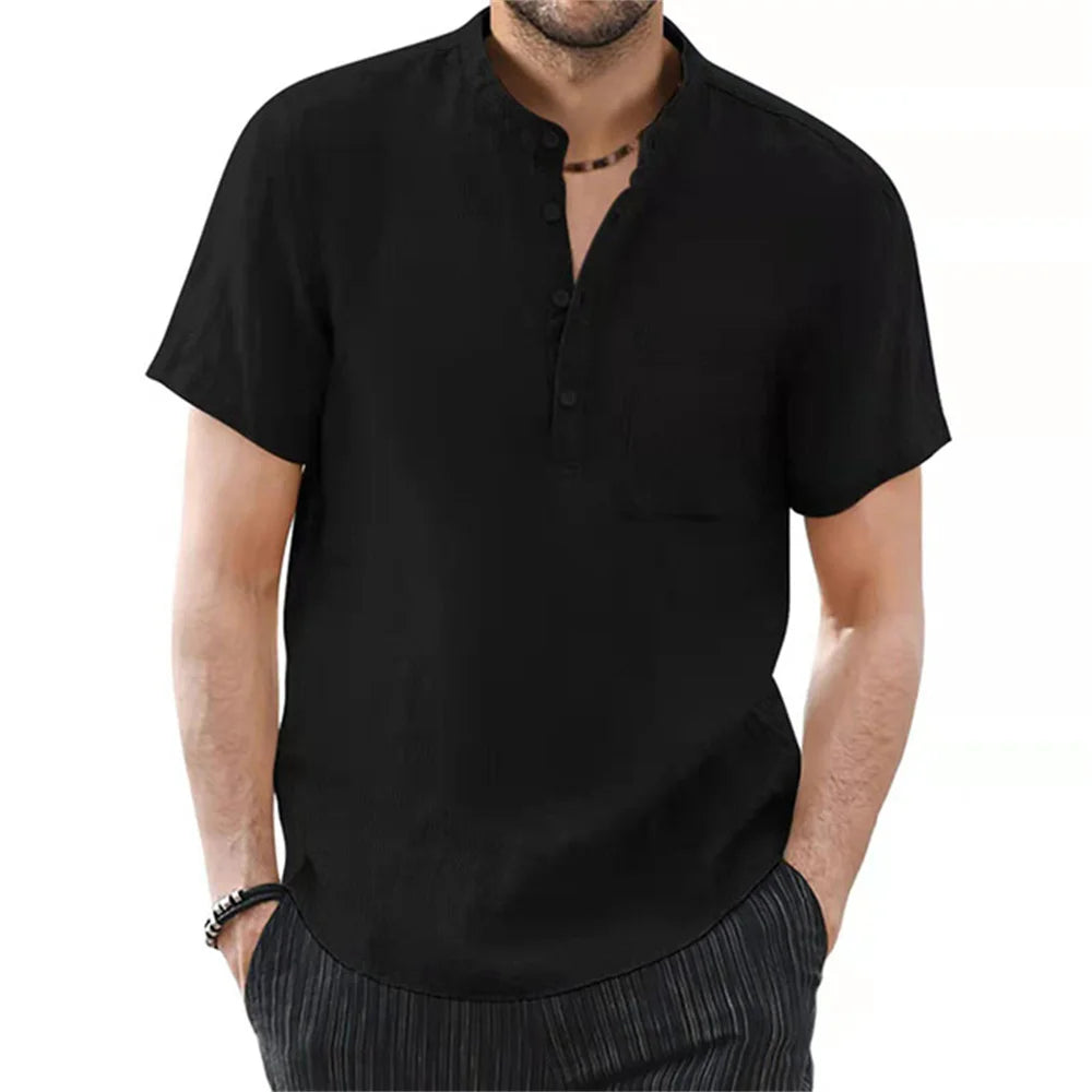 Men's Short Sleeve T-shirt Cotton and Linen Casual Men T-shirts Solid Color Summer Shirt Male Cozy Breathable - Slobuy