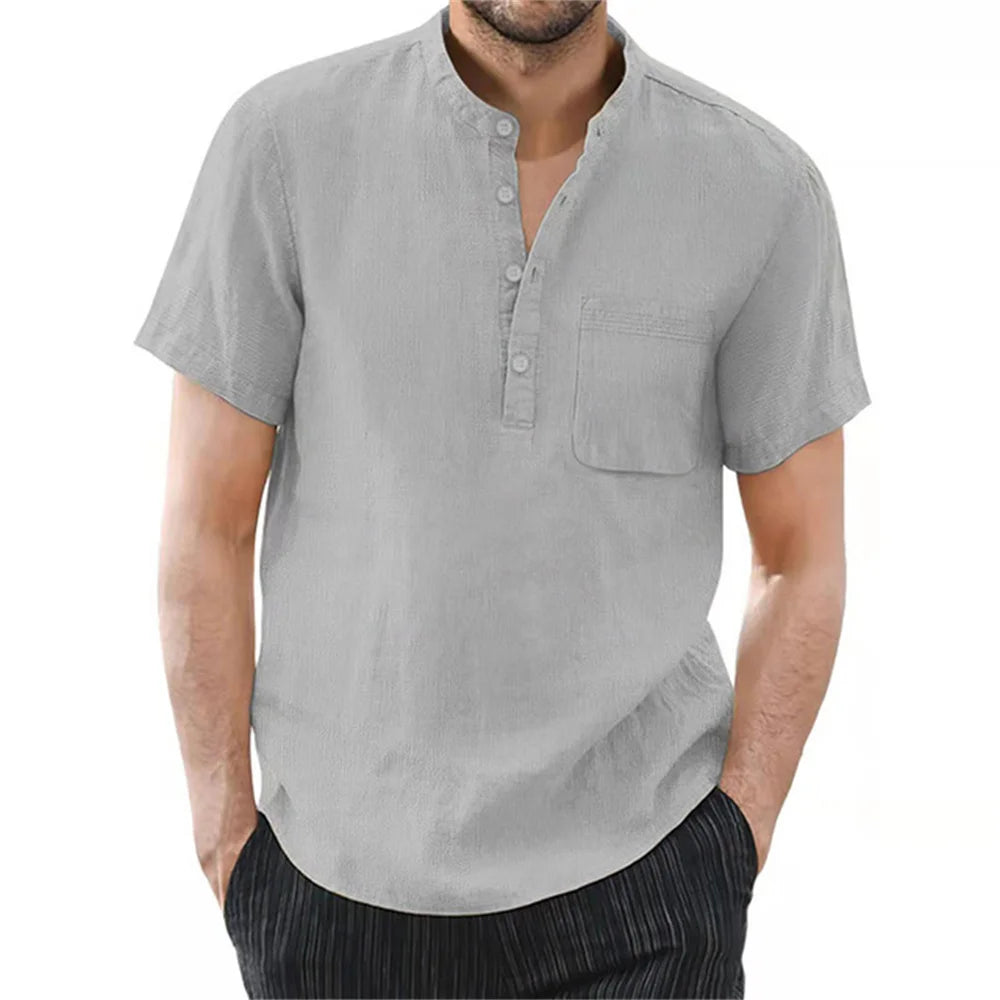 Men's Short Sleeve T-shirt Cotton and Linen Casual Men T-shirts Solid Color Summer Shirt Male Cozy Breathable - Slobuy