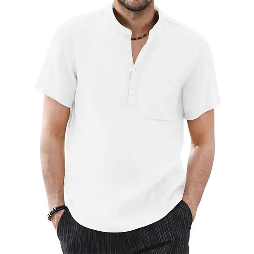 Men's Short Sleeve T-shirt Cotton and Linen Casual Men T-shirts Solid Color Summer Shirt Male Cozy Breathable - Slobuy