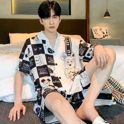 Men's Two-Piece Pajamas Summer New Ice Silk Men's Pajamas Short-Sleeved Shorts Thin Section Of The Student Teenage Homewear Suit - Slobuy