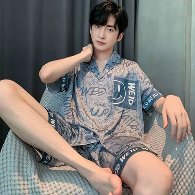 Men's Two-Piece Pajamas Summer New Ice Silk Men's Pajamas Short-Sleeved Shorts Thin Section Of The Student Teenage Homewear Suit - Slobuy