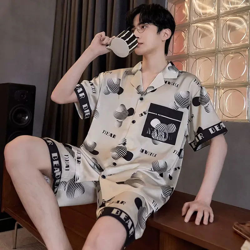 Men's Two-Piece Pajamas Summer New Ice Silk Men's Pajamas Short-Sleeved Shorts Thin Section Of The Student Teenage Homewear Suit - Slobuy