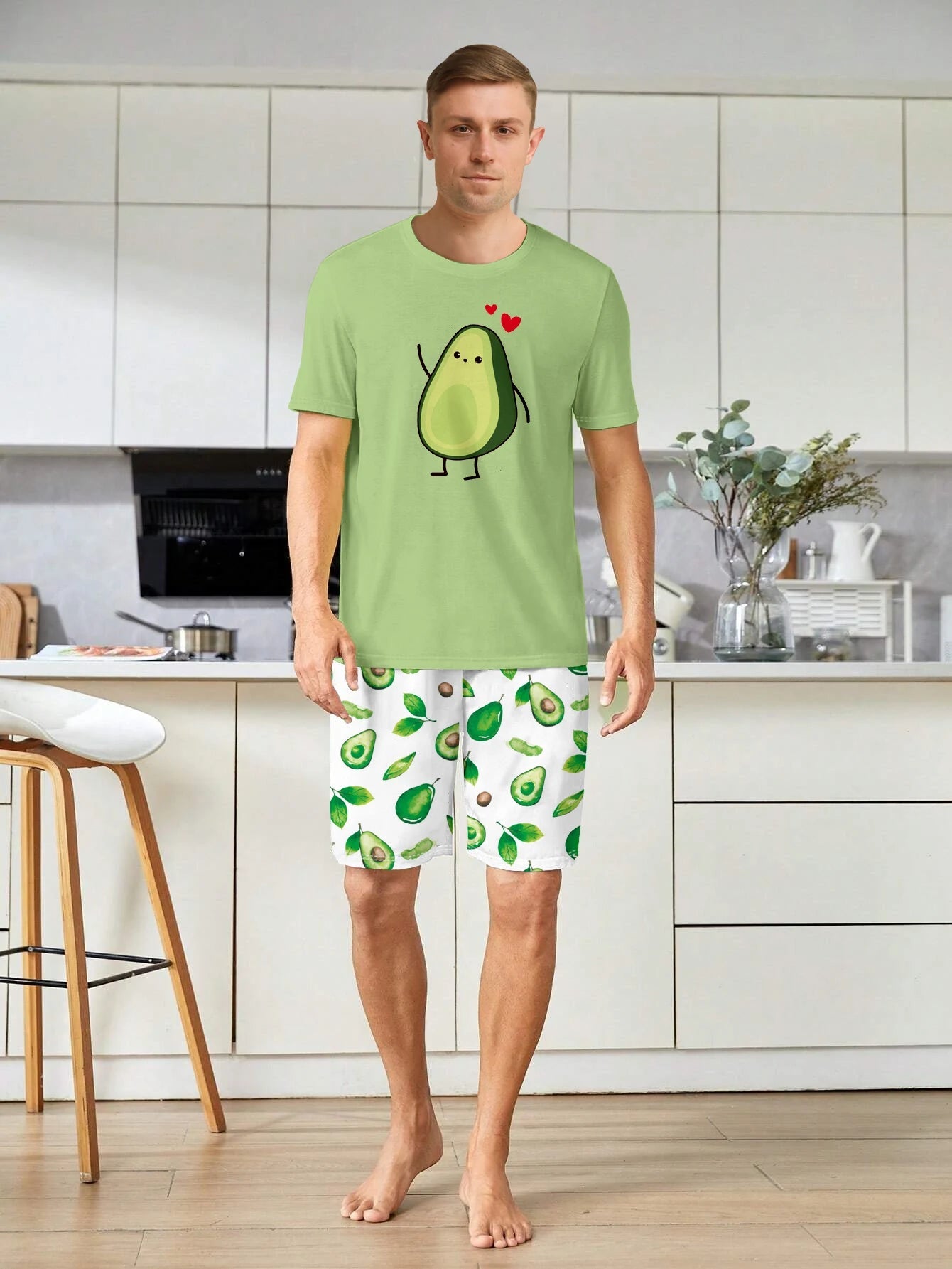 Men's casual pajamas home clothing fashionable style avocado series short sleeved shorts two-piece set for parent-child wear - Slobuy