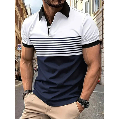 Men's fashion short -sleeved striped stamps Poloshan casual lapel POLO shirt - Slobuy