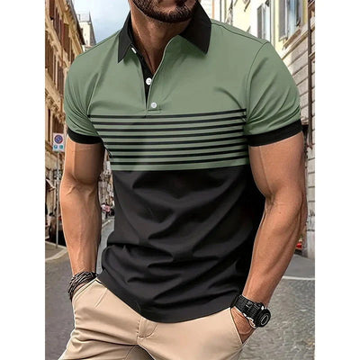 Men's fashion short -sleeved striped stamps Poloshan casual lapel POLO shirt - Slobuy