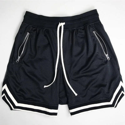Men's zippered pocket drawstring shorts, sportswear, breathable, quick drying, comfortable, loose fitting color matching shorts, - Slobuy