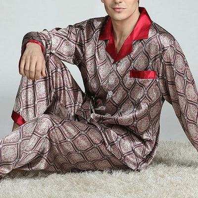 Mens Satin Silk Pajama Sets Sleepwear Casual Nightgown Loose Loungewear Pajamas Pijamas Autumn New Print Nightwear Homewear - Slobuy