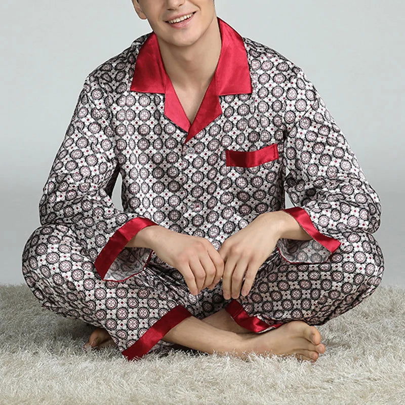 Mens Satin Silk Pajama Sets Sleepwear Casual Nightgown Loose Loungewear Pajamas Pijamas Autumn New Print Nightwear Homewear - Slobuy
