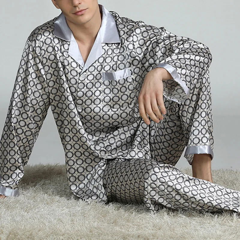 Mens Satin Silk Pajama Sets Sleepwear Casual Nightgown Loose Loungewear Pajamas Pijamas Autumn New Print Nightwear Homewear - Slobuy
