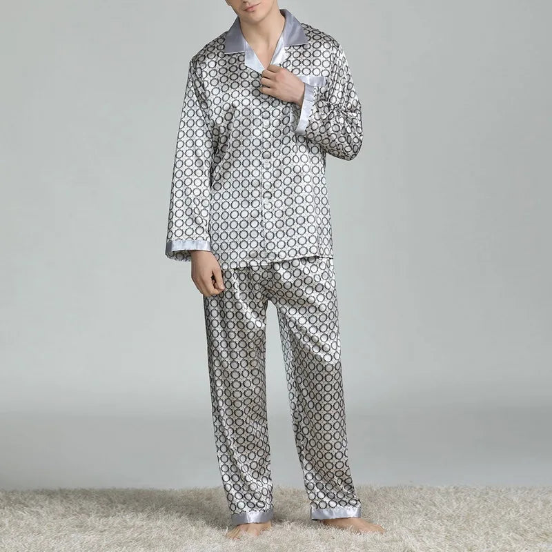 Mens Satin Silk Pajama Sets Sleepwear Casual Nightgown Loose Loungewear Pajamas Pijamas Autumn New Print Nightwear Homewear - Slobuy
