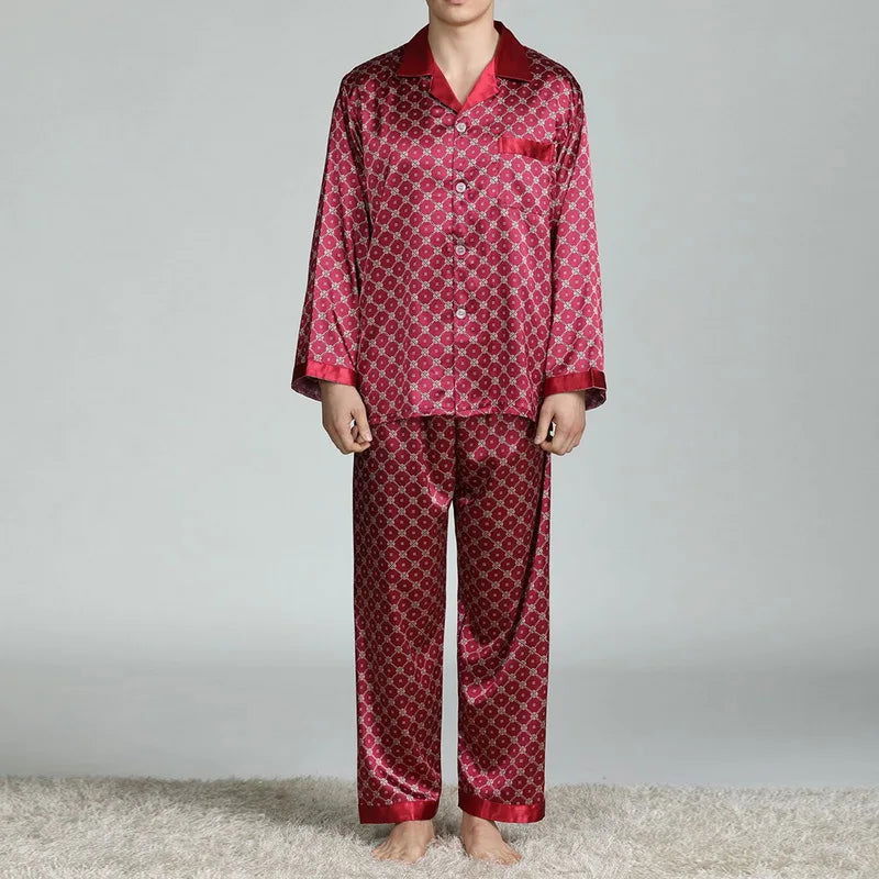 Mens Satin Silk Pajama Sets Sleepwear Casual Nightgown Loose Loungewear Pajamas Pijamas Autumn New Print Nightwear Homewear - Slobuy