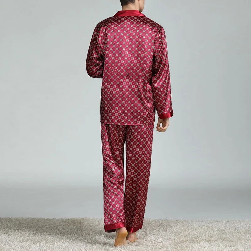 Mens Satin Silk Pajama Sets Sleepwear Casual Nightgown Loose Loungewear Pajamas Pijamas Autumn New Print Nightwear Homewear - Slobuy