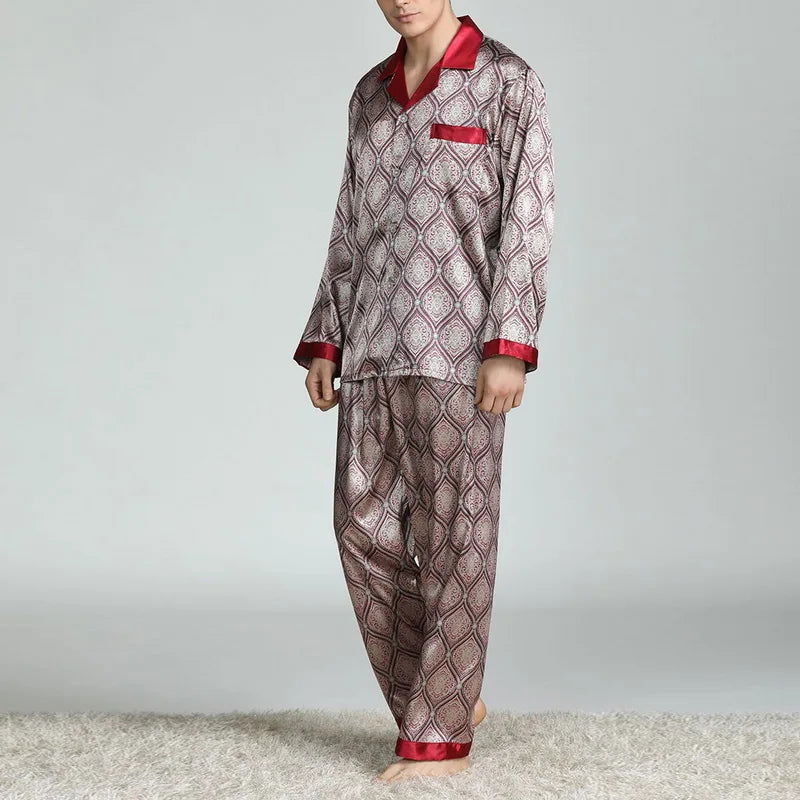 Mens Satin Silk Pajama Sets Sleepwear Casual Nightgown Loose Loungewear Pajamas Pijamas Autumn New Print Nightwear Homewear - Slobuy