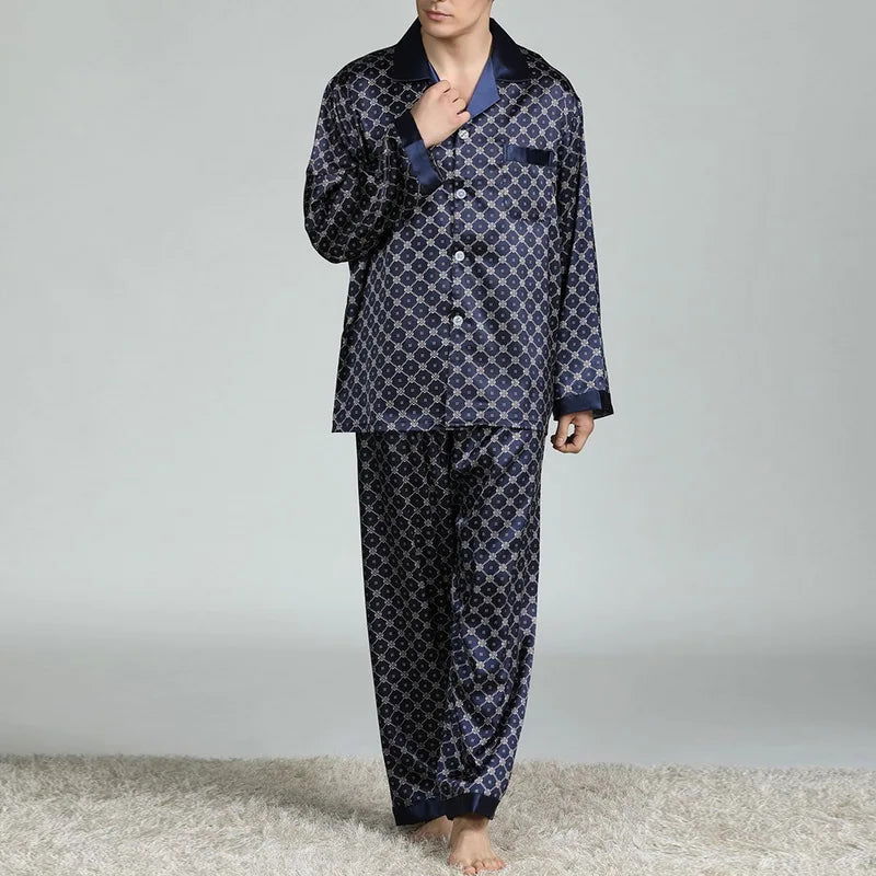 Mens Satin Silk Pajama Sets Sleepwear Casual Nightgown Loose Loungewear Pajamas Pijamas Autumn New Print Nightwear Homewear - Slobuy