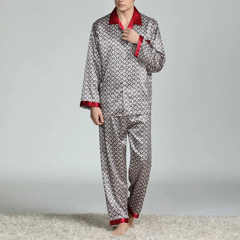 Mens Satin Silk Pajama Sets Sleepwear Casual Nightgown Loose Loungewear Pajamas Pijamas Autumn New Print Nightwear Homewear - Slobuy