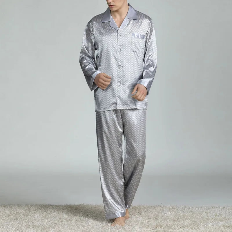 Mens Satin Silk Pajama Sets Sleepwear Casual Nightgown Loose Loungewear Pajamas Pijamas Autumn New Print Nightwear Homewear - Slobuy