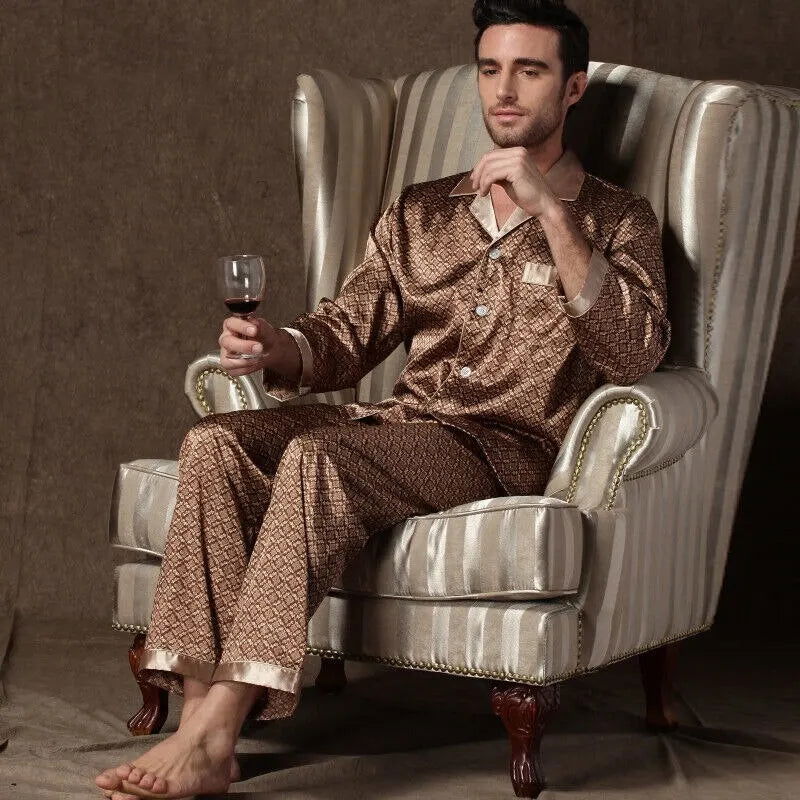 Mens Stain Silk Pajama Sets Pajamas Men Sleepwear Printed Silk Nightgown Home Male Satin Soft Cozy Sleeping Pajamas - Slobuy