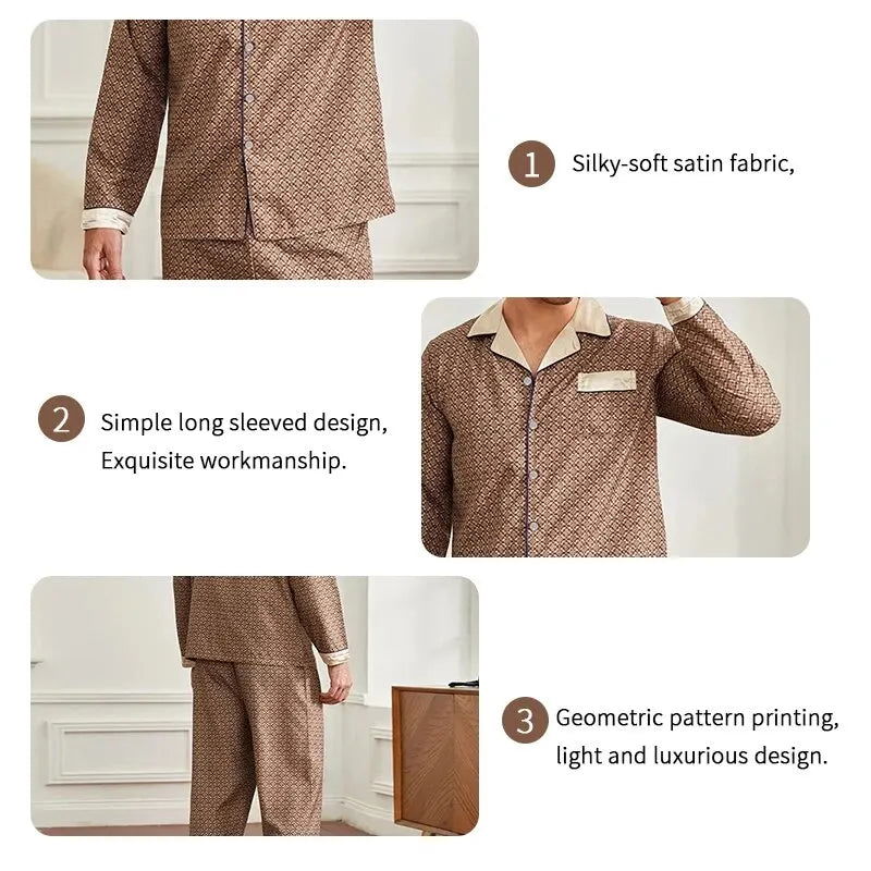 Mens Stain Silk Pajama Sets Pajamas Men Sleepwear Printed Silk Nightgown Home Male Satin Soft Cozy Sleeping Pajamas - Slobuy