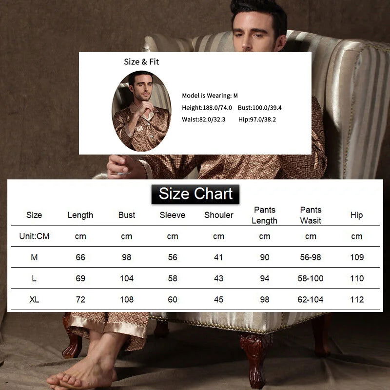 Mens Stain Silk Pajama Sets Pajamas Men Sleepwear Printed Silk Nightgown Home Male Satin Soft Cozy Sleeping Pajamas - Slobuy
