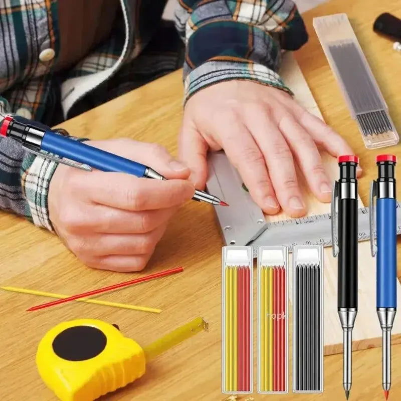 Metal Solid Carpenter Pencil Mechanical Pencil Set Built-in Pencil Sharpener with Refill Leads Deep Hole Drawing Marking Tools - Slobuy