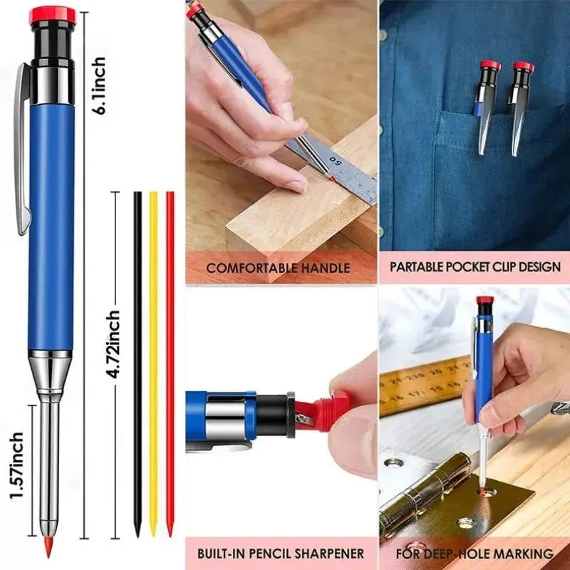 Metal Solid Carpenter Pencil Mechanical Pencil Set Built-in Pencil Sharpener with Refill Leads Deep Hole Drawing Marking Tools - Slobuy