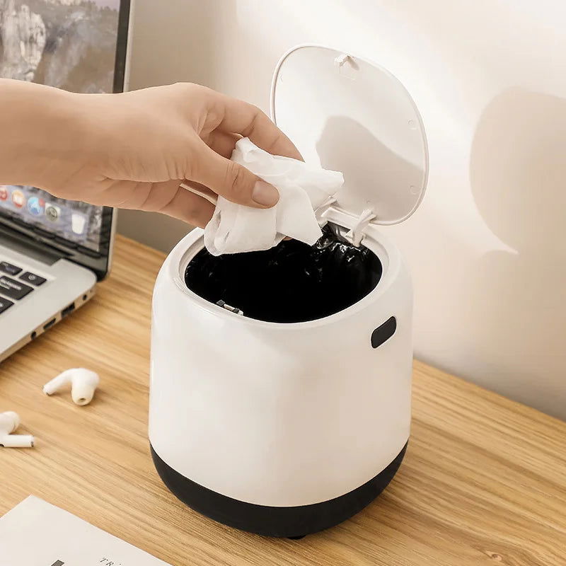 Mini Desktop Trash Can Press-type Office Simple Living Room Lid Small Paper Basket White Plastic Round Shape - Slobuy
