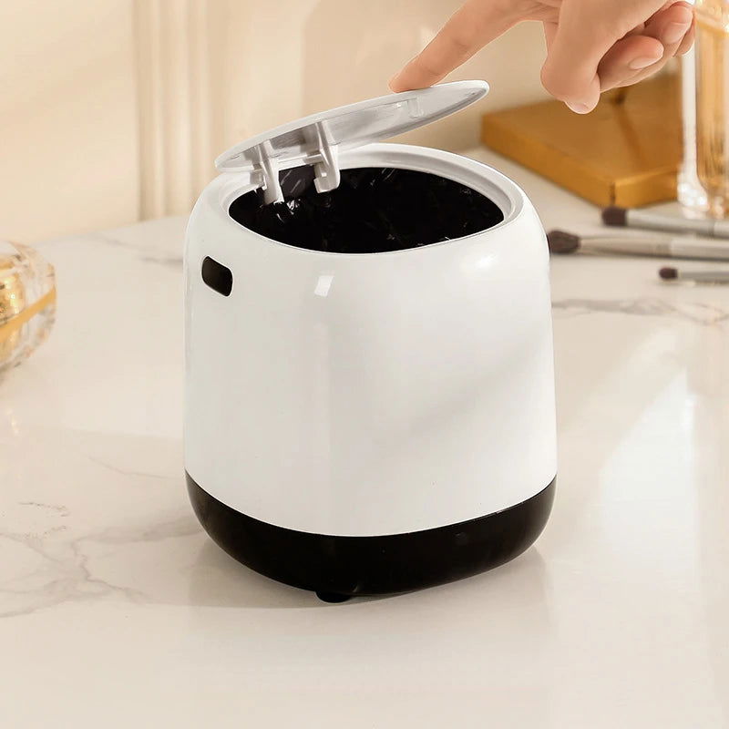 Mini Desktop Trash Can Press-type Office Simple Living Room Lid Small Paper Basket White Plastic Round Shape - Slobuy