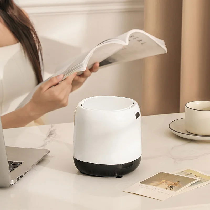 Mini Desktop Trash Can Press-type Office Simple Living Room Lid Small Paper Basket White Plastic Round Shape - Slobuy