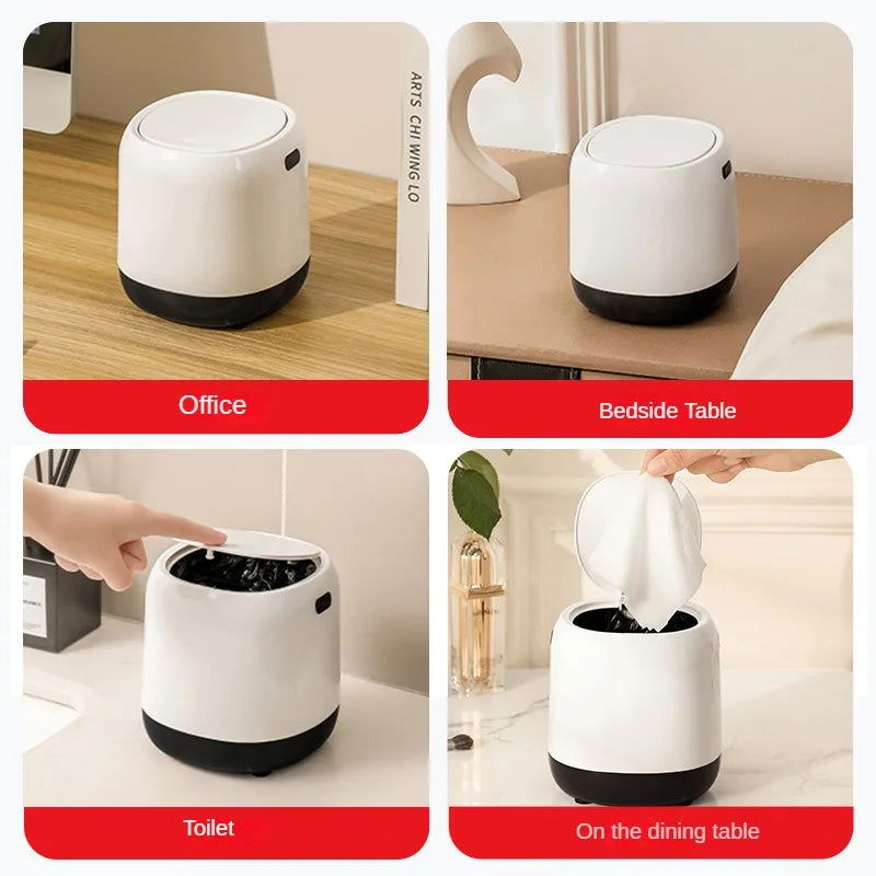 Mini Desktop Trash Can Press-type Office Simple Living Room Lid Small Paper Basket White Plastic Round Shape - Slobuy