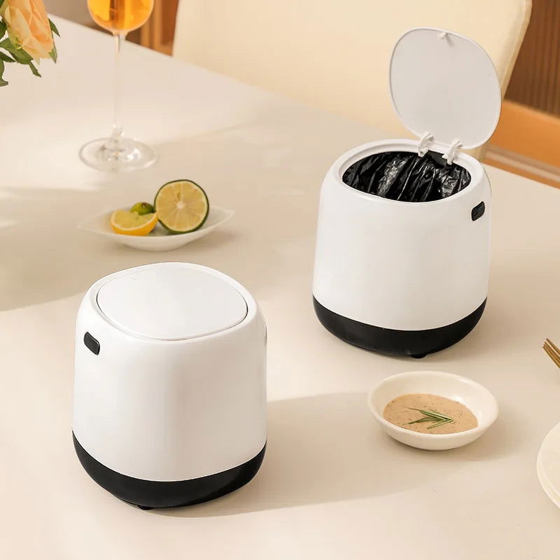 Mini Desktop Trash Can Press-type Office Simple Living Room Lid Small Paper Basket White Plastic Round Shape - Slobuy