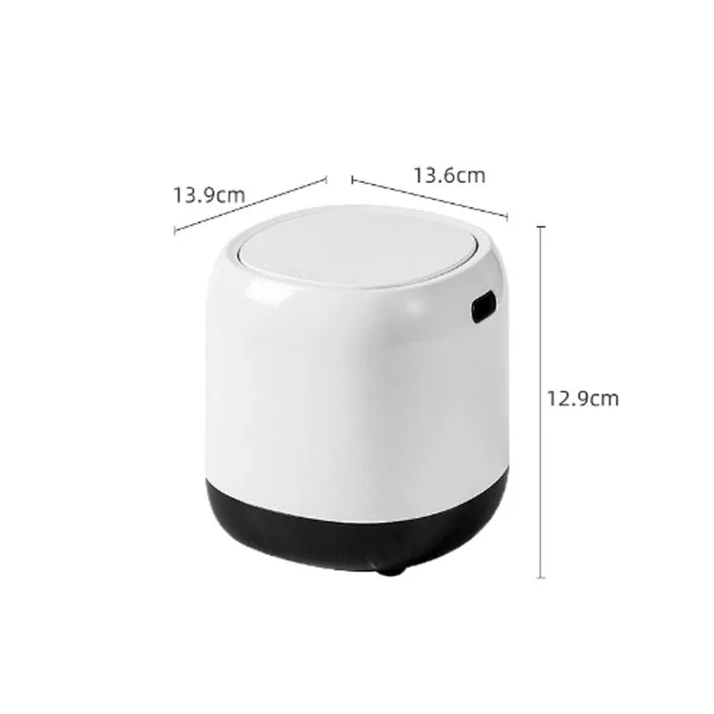 Mini Desktop Trash Can Press-type Office Simple Living Room Lid Small Paper Basket White Plastic Round Shape - Slobuy