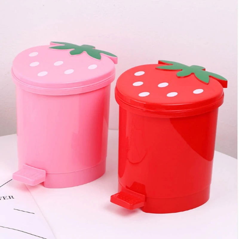 Mini Trash Can with Lid Plastic Trash Basket for Home Bedroom Office Desktop Garbage Storage Box Cartoon Red Pink Container - Slobuy