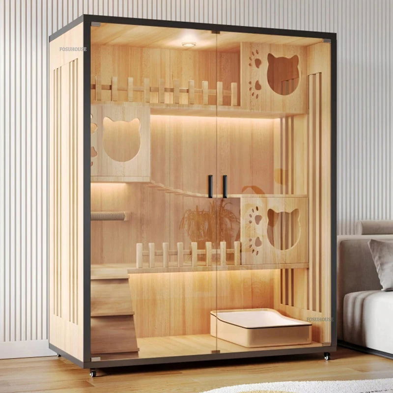Minimalist Solid Wood Cat Cages for Home Indoor Cat House Modern Simple Pet Cage Large Free Space Movable Cages for Cats Villa - Slobuy