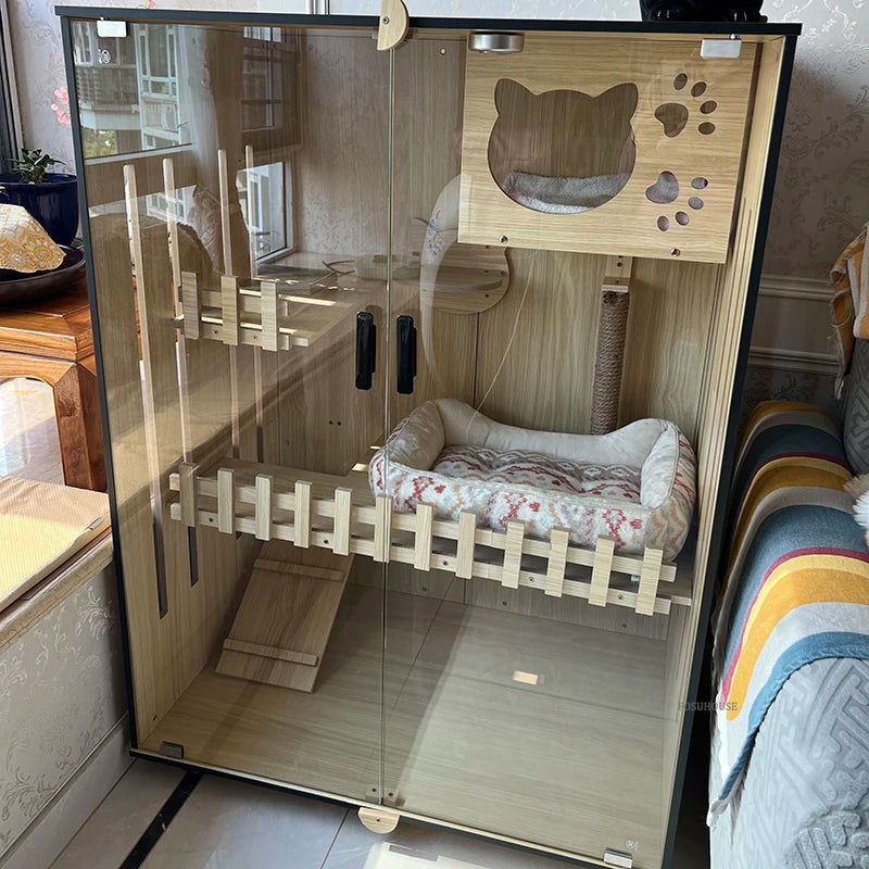 Minimalist Solid Wood Cat Cages for Home Indoor Cat House Modern Simple Pet Cage Large Free Space Movable Cages for Cats Villa - Slobuy