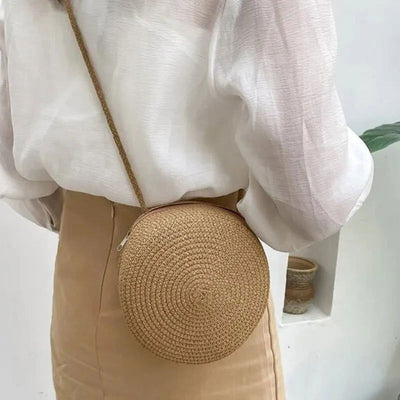 Minimalist Straw Bag Round Crossbody Purse Women Shoulder Vocation Style Handbag - Slobuy