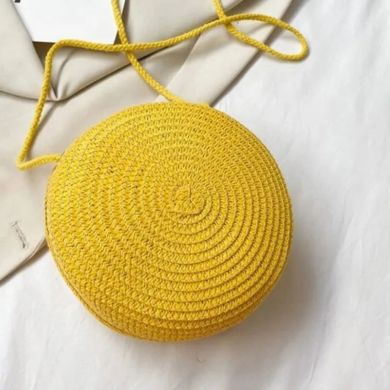 Minimalist Straw Bag Round Crossbody Purse Women Shoulder Vocation Style Handbag - Slobuy