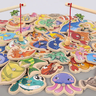 Montessori Wooden Fishing Toys For Children Magnetic Marine Life Cognition Fish Games Parent-Child Interactive Educational Toy - Slobuy