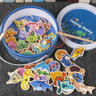 Montessori Wooden Fishing Toys For Children Magnetic Marine Life Cognition Fish Games Parent-Child Interactive Educational Toy - Slobuy